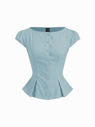 Cotton-blend Textured Boat Neck Puff Sleeve Button Through Peplum Blouse