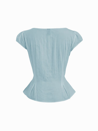 Cotton-blend Textured Boat Neck Puff Sleeve Button Through Peplum Blouse