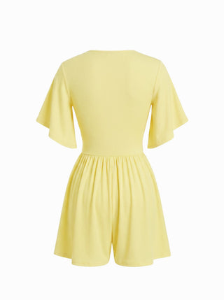 Textured V-neck Ruched Mid Rise Bell Sleeve Romper