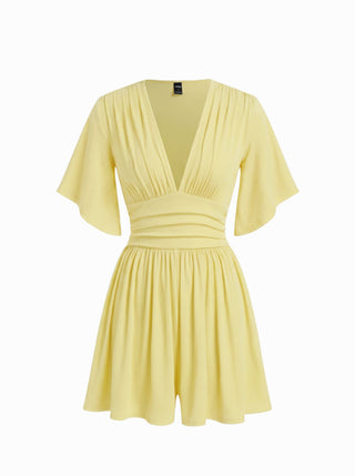 Textured V-neck Ruched Mid Rise Bell Sleeve Romper