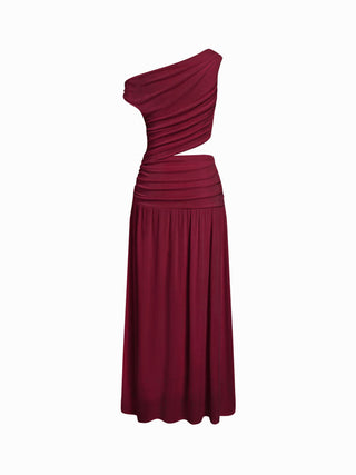 Asymmetrical Neck Ruched Waist Cutout High Stretch Bodycon Maxi Dress