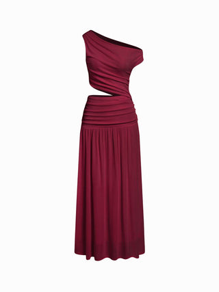 Asymmetrical Neck Ruched Waist Cutout High Stretch Bodycon Maxi Dress