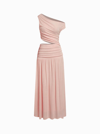 Asymmetrical Neck Ruched Waist Cutout High Stretch Bodycon Maxi Dress
