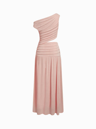 Asymmetrical Neck Ruched Waist Cutout High Stretch Bodycon Maxi Dress