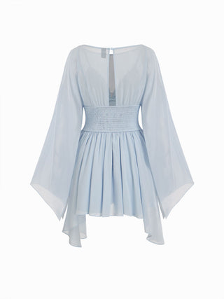 Chiffon Boat Neck Cloak Sleeve Hanky Hem Smocked Oversized Romper