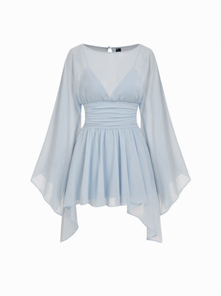 Chiffon Boat Neck Cloak Sleeve Hanky Hem Smocked Oversized Romper