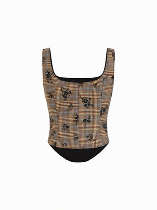 Plaid Floral Square Neck Corset Top & Bubble Mini Skirt Set