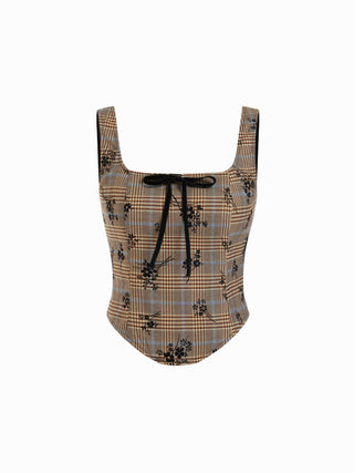 Plaid Floral Square Neck Corset Top & Bubble Mini Skirt Set