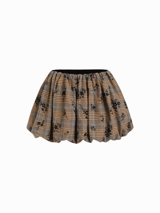 Plaid Floral Square Neck Corset Top & Bubble Mini Skirt Set