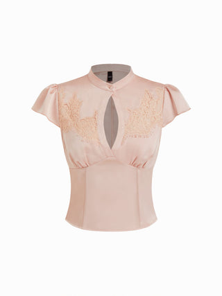 Stand Collar Lace Trim Cut Out Short Sleeve Blouse