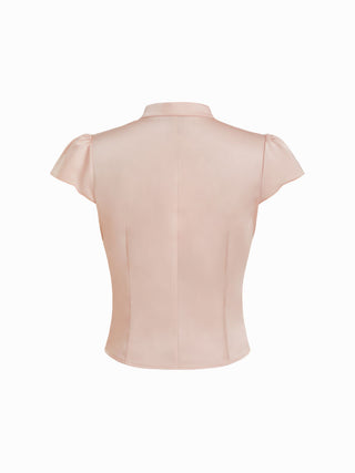 Stand Collar Lace Trim Cut Out Short Sleeve Blouse