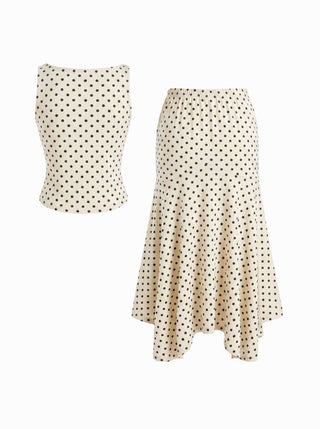Boat Neck Polka Dot Top & Ruffle Hem Mid Rise Skirt Set