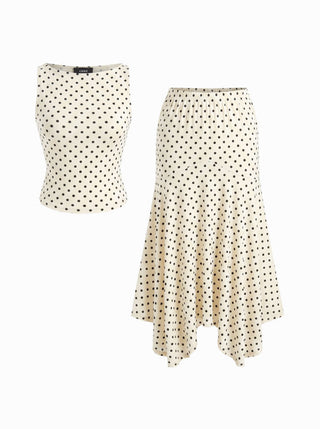 Boat Neck Polka Dot Top & Ruffle Hem Mid Rise Skirt Set