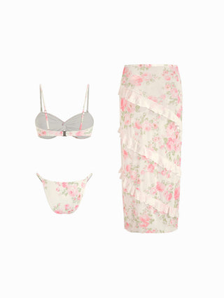 Sweetheart Floral Metal Detail 3 Piece Bikini Set With Ruffle Maxi Skirt
