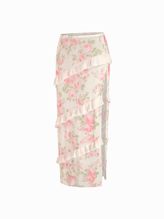 Sweetheart Floral Metal Detail 3 Piece Bikini Set With Ruffle Maxi Skirt