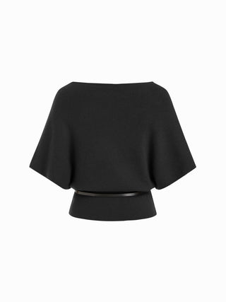 Knit Boat Neck Batwing Sleeve Top With Belt