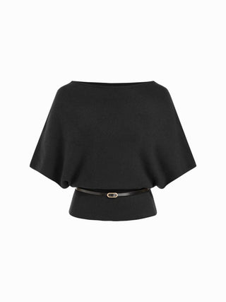 Knit Boat Neck Batwing Sleeve Top With Belt