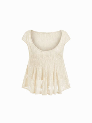 Lace Boat Neck Short Sleeve Backless Blouse & Cami Top Set