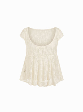 Lace Boat Neck Short Sleeve Backless Blouse & Cami Top Set