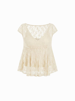 Lace Boat Neck Short Sleeve Backless Blouse & Cami Top Set