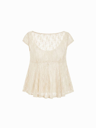 Lace Boat Neck Short Sleeve Backless Blouse & Cami Top Set
