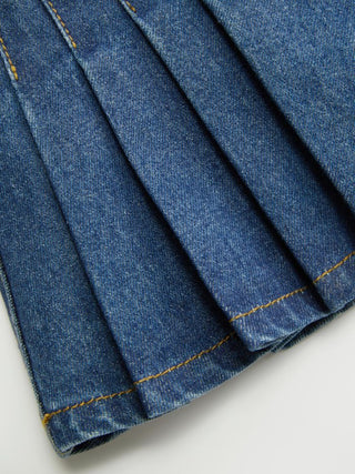 Denim Mid Rise Washed Pleated Metal Detail Micro Mini Skort