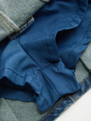 Denim Mid Rise Washed Pleated Metal Detail Micro Mini Skort