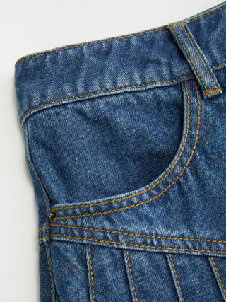 Denim Mid Rise Washed Pleated Metal Detail Micro Mini Skort
