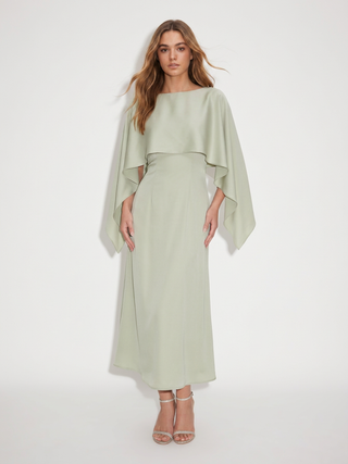 Satin Boat Neck Cloak Sleeve Bolero Flared Maxi Dress