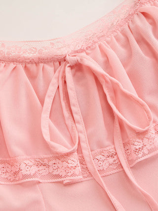 Chiffon Lace Trim Tie Front  Ruffle Hem Mini Dress