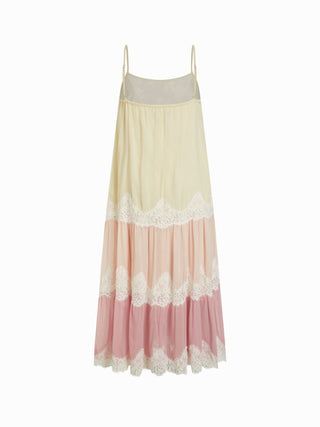Textured Chiffon Colorblock Square Neck Lace Panel Oversized Flared Maxi Dress