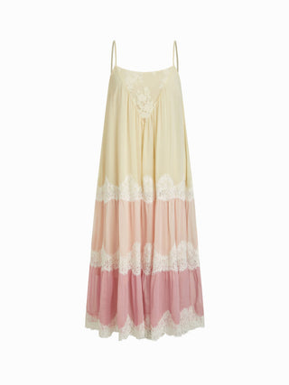 Textured Chiffon Colorblock Square Neck Lace Panel Oversized Flared Maxi Dress