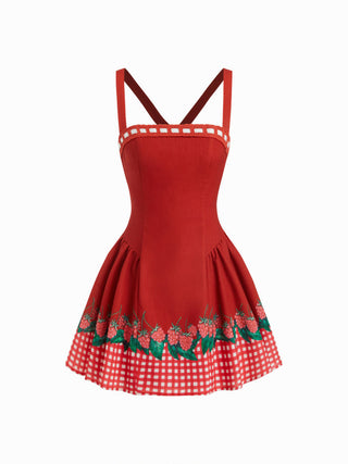 Gingham Fruit Print Knotted Crisscross Back Mini Dress