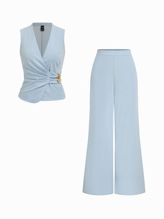 V-Neck Wrap Front Ruched Metal Detailed Top & Mid Rise Wide Leg Trousers Set