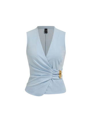 V-Neck Wrap Front Ruched Metal Detailed Top & Mid Rise Wide Leg Trousers Set