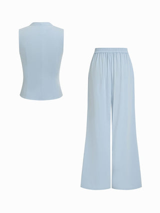 V-Neck Wrap Front Ruched Metal Detailed Top & Mid Rise Wide Leg Trousers Set