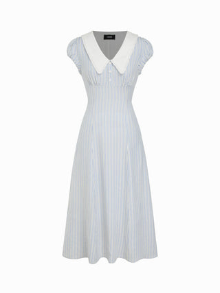 Striped Peter Pan Collar Puff Sleeve Color-block A-line Maxi Dress
