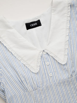 Striped Peter Pan Collar Puff Sleeve Color-block A-line Maxi Dress
