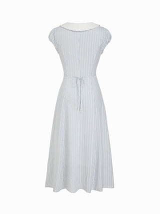 Striped Peter Pan Collar Puff Sleeve Color-block A-line Maxi Dress