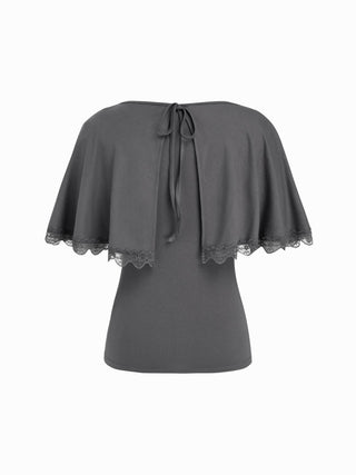 Boat Neck Cloak Sleeve Lace Trim Tie Back Top