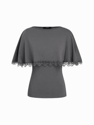 Boat Neck Cloak Sleeve Lace Trim Tie Back Top