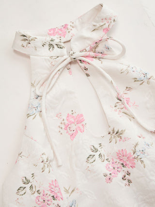 Jacquard Floral Halter Neckline Bowknot Bubble Hem Mini Dress