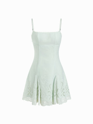 Broderie Anglaise Square Neck Ruffle Hem A-line Mini Dress