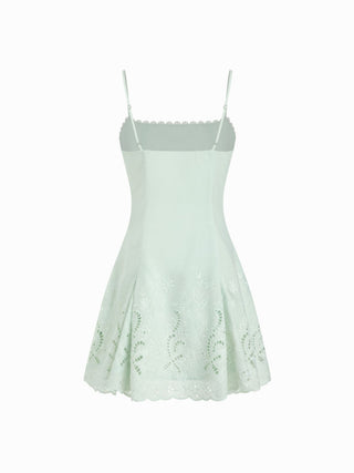 Broderie Anglaise Square Neck Ruffle Hem A-line Mini Dress
