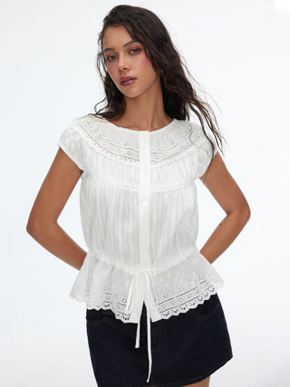 Cotton-blend Broderie Anglaise Short Sleeve Ruffle Peplum Hem Oversized Blouse