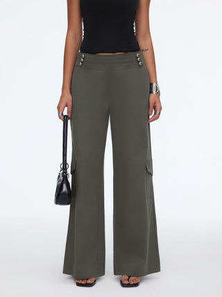 Cotton Mid Rise Cargo Metal Detail Wide Leg Trousers Oversized