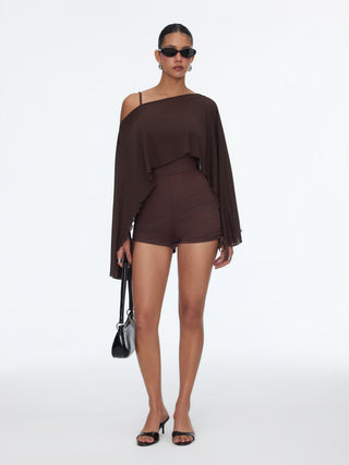 Textured Boat Neck High Rise Drawstring Slim Romper With Scarf