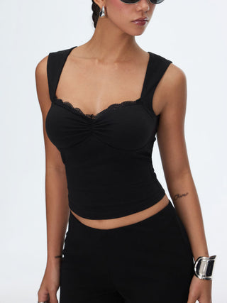 Cotton-blend Square Neck Ruched Lace Trim Crop Tank Top