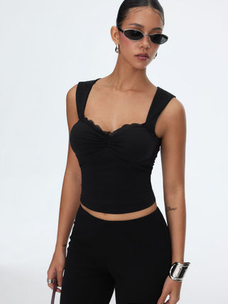 Cotton-blend Square Neck Ruched Lace Trim Crop Tank Top