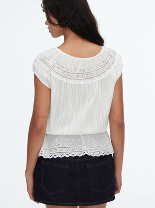 Cotton-blend Broderie Anglaise Short Sleeve Ruffle Peplum Hem Oversized Blouse